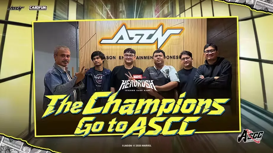The Champions Go to ASCC. Left to right: an Marvel Hero Rush Indonesia team member, Radian, Edwin, Yogie, Luthfi and another Marvel Hero Rush Indonesia team member